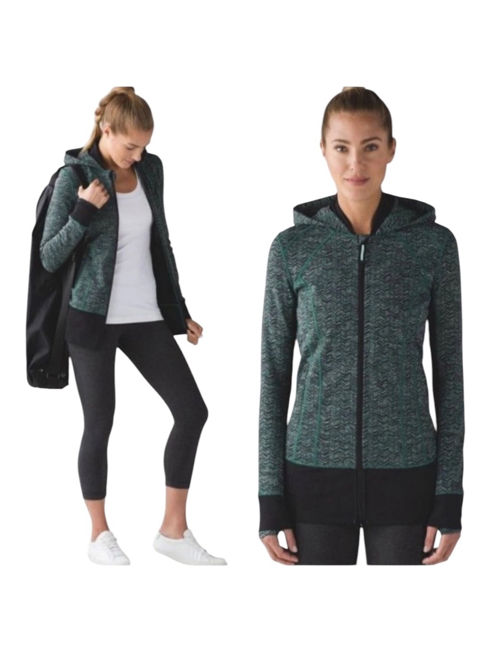 Lululemon Daily Practice Spacebone Green Black Hooded Zip Up Jacket Size 10